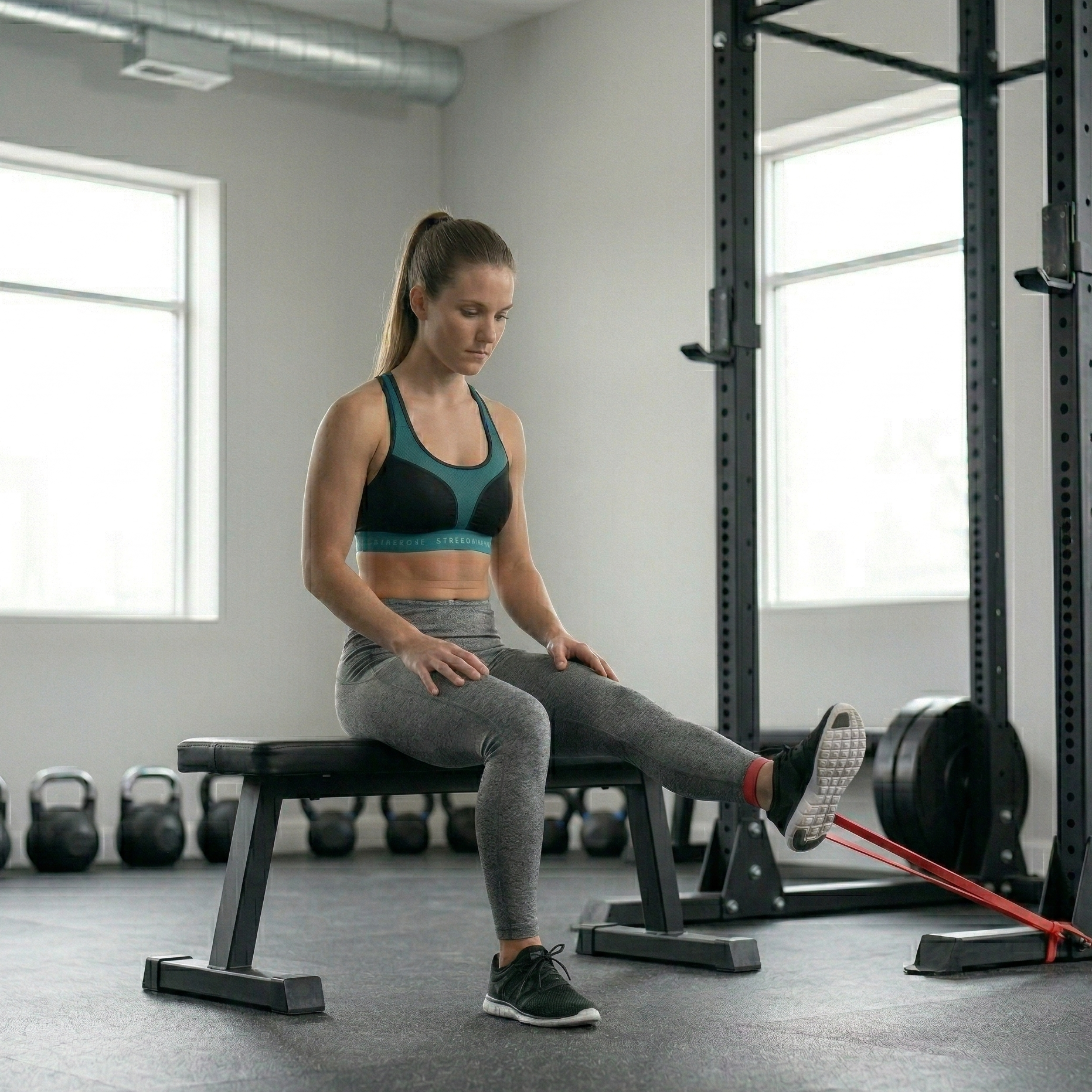 Woman exercising with resistance bands in a gym setting